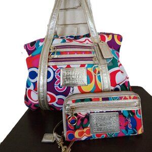 Euc Coach Poppy Graffitti Pop Art Signature Tote Bag w/Wallet